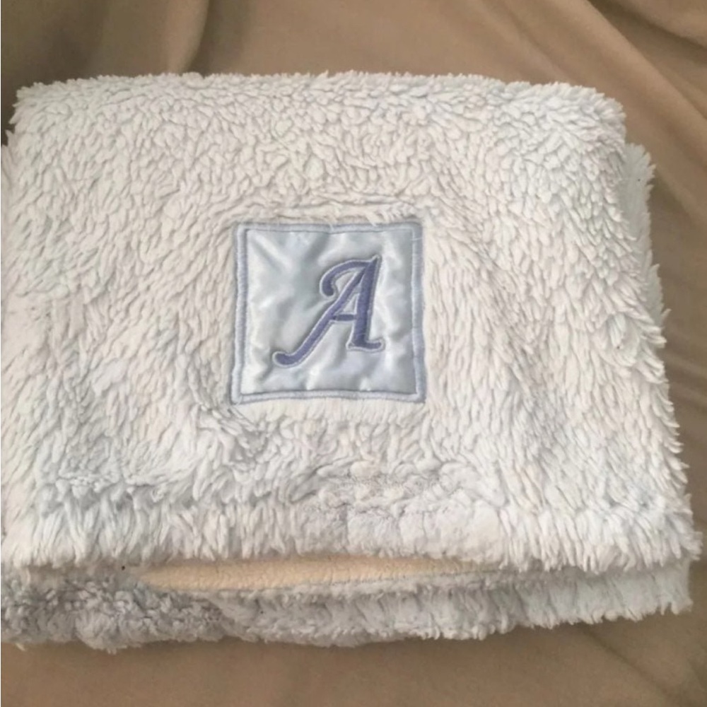 Used baby blue monogrammed initial letter A fleece blanket shower or gift